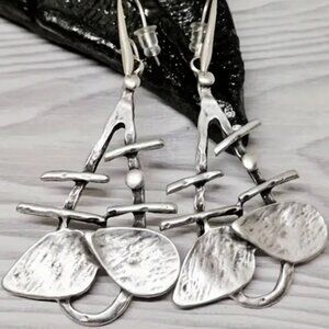 Unique Boho Hollow Bar & Teardrop Design Pendant Earrings Silver Electro-Plated